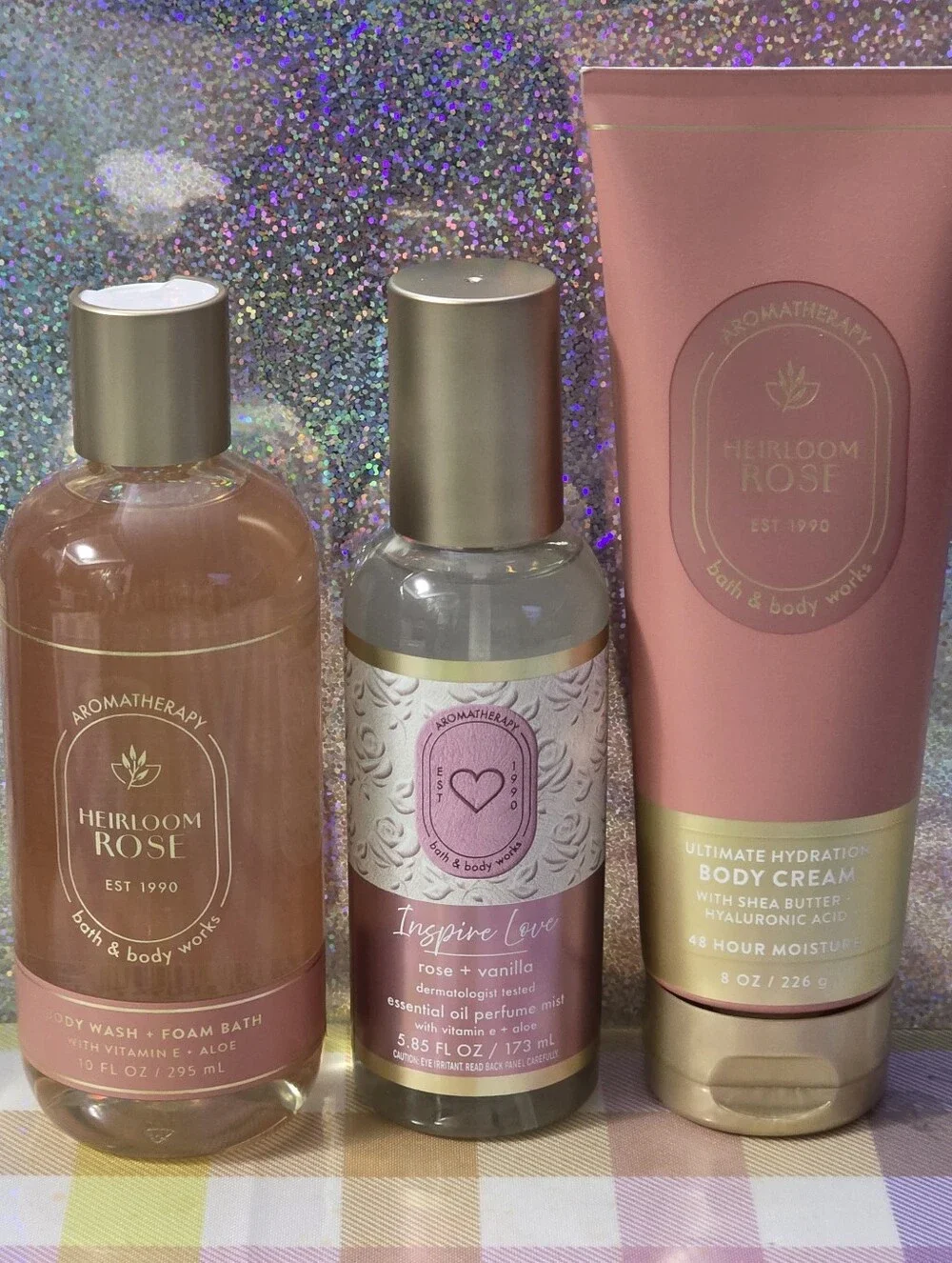 Bath Body Works Aromatherapy Heirloom Rose Body Wash, Cream, & Rose Vanilla Mist